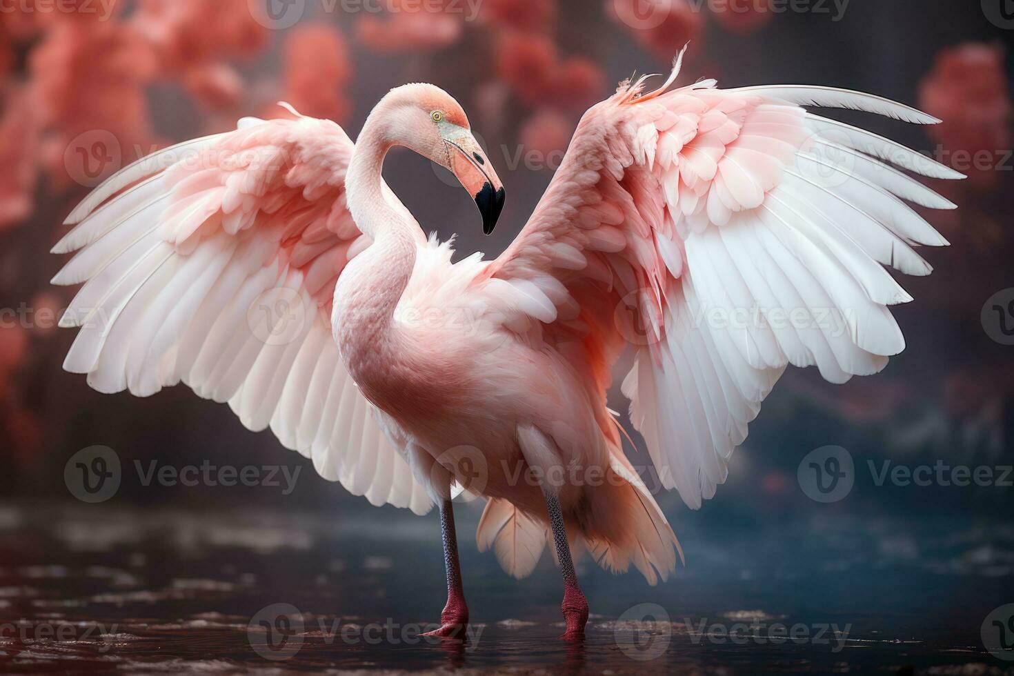 Pink flamingo with spread wings in the misty forest. 3D illustration. Wildlife scene from nature. AI Generative photo