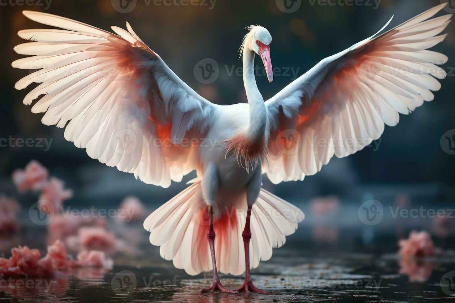 Pink flamingo with spread wings in the misty forest. 3D illustration. Wildlife scene from nature. AI Generative photo
