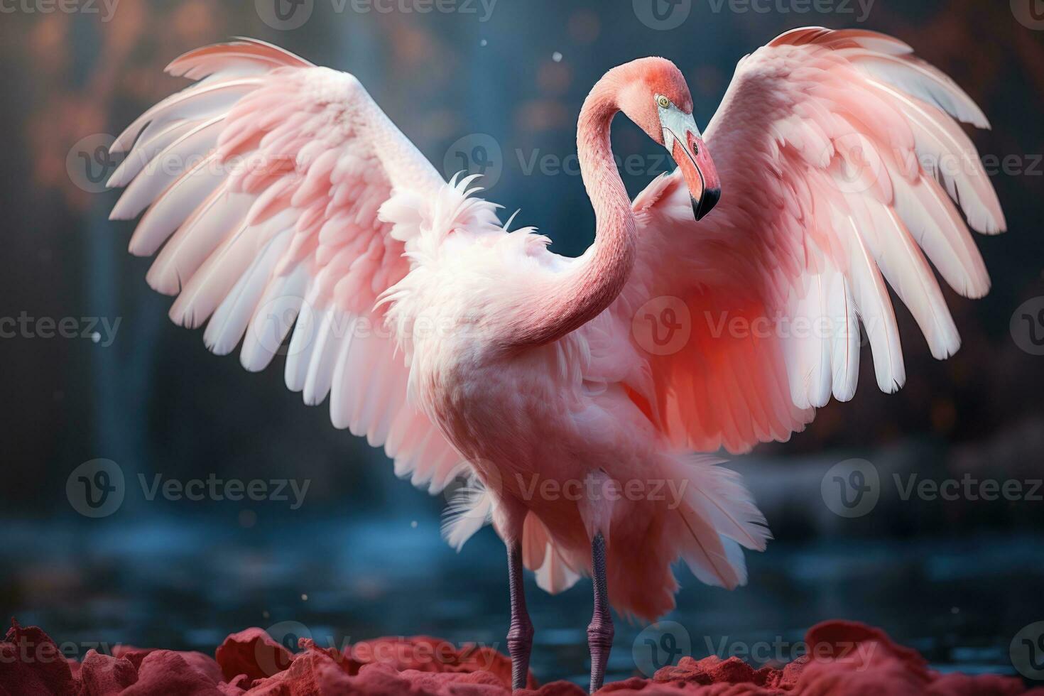 Pink flamingo with spread wings in the misty forest. 3D illustration. Wildlife scene from nature. AI Generative photo