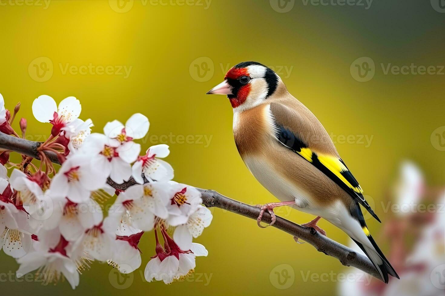 Goldfinch Carduelis carduelis on a flowering branch. Beautiful bird on a branch of cherry blossoms on a yellow background AI Generative photo