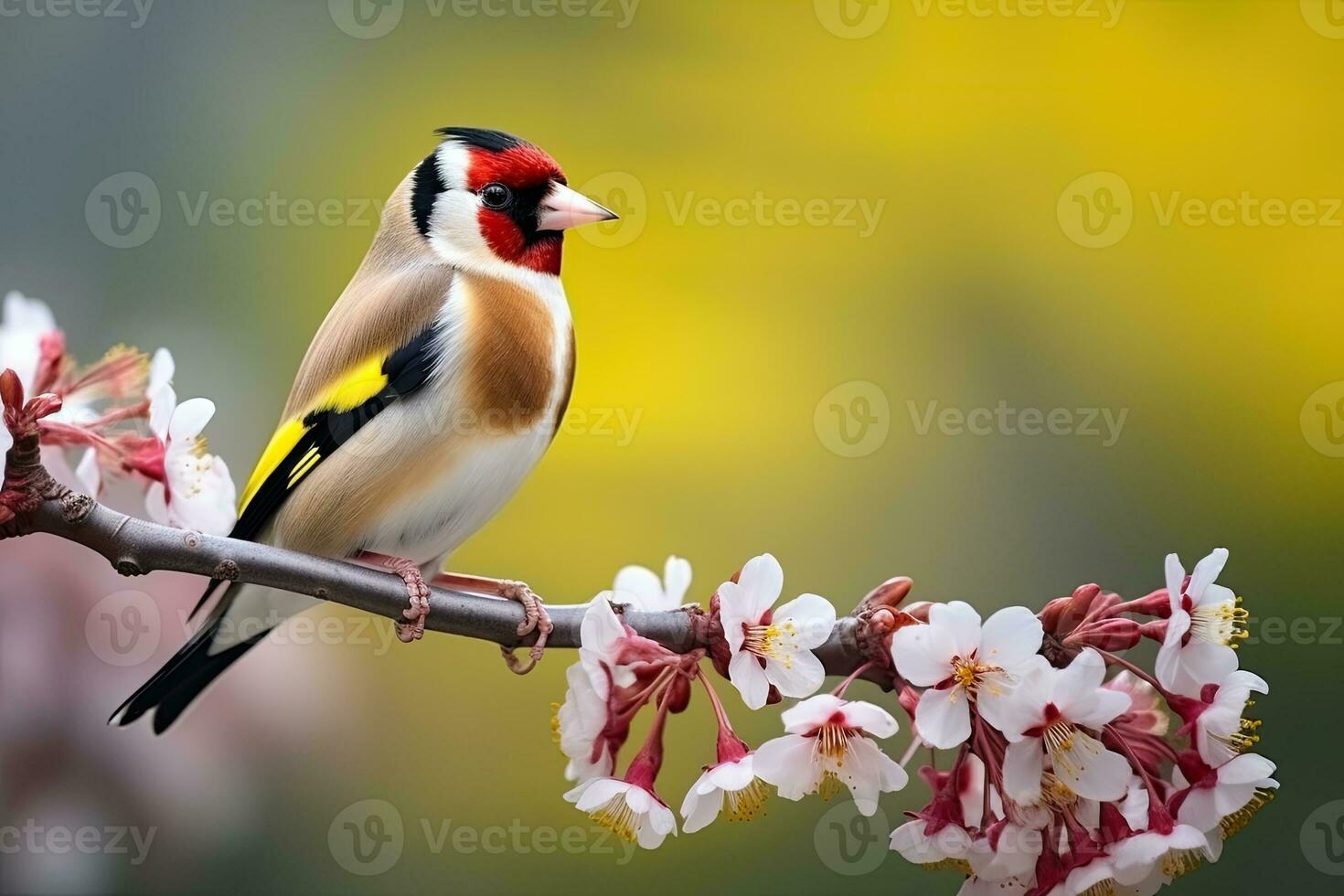 Goldfinch Carduelis carduelis on a flowering branch. Beautiful bird on a branch of cherry blossoms on a yellow background AI Generative photo