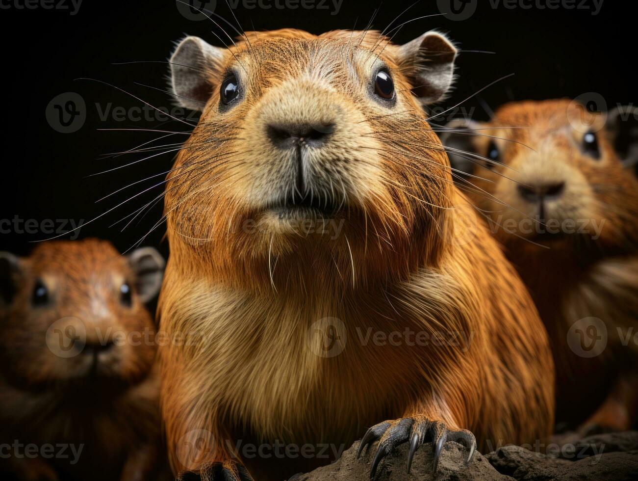 Group of adorable guinea pig on black background. Studio shot. AI Generative photo