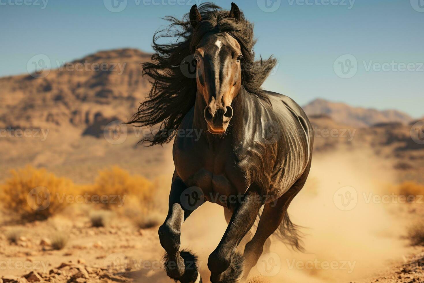 Black Arabian Horse Stallion Running in the Desert.  AI Generative photo