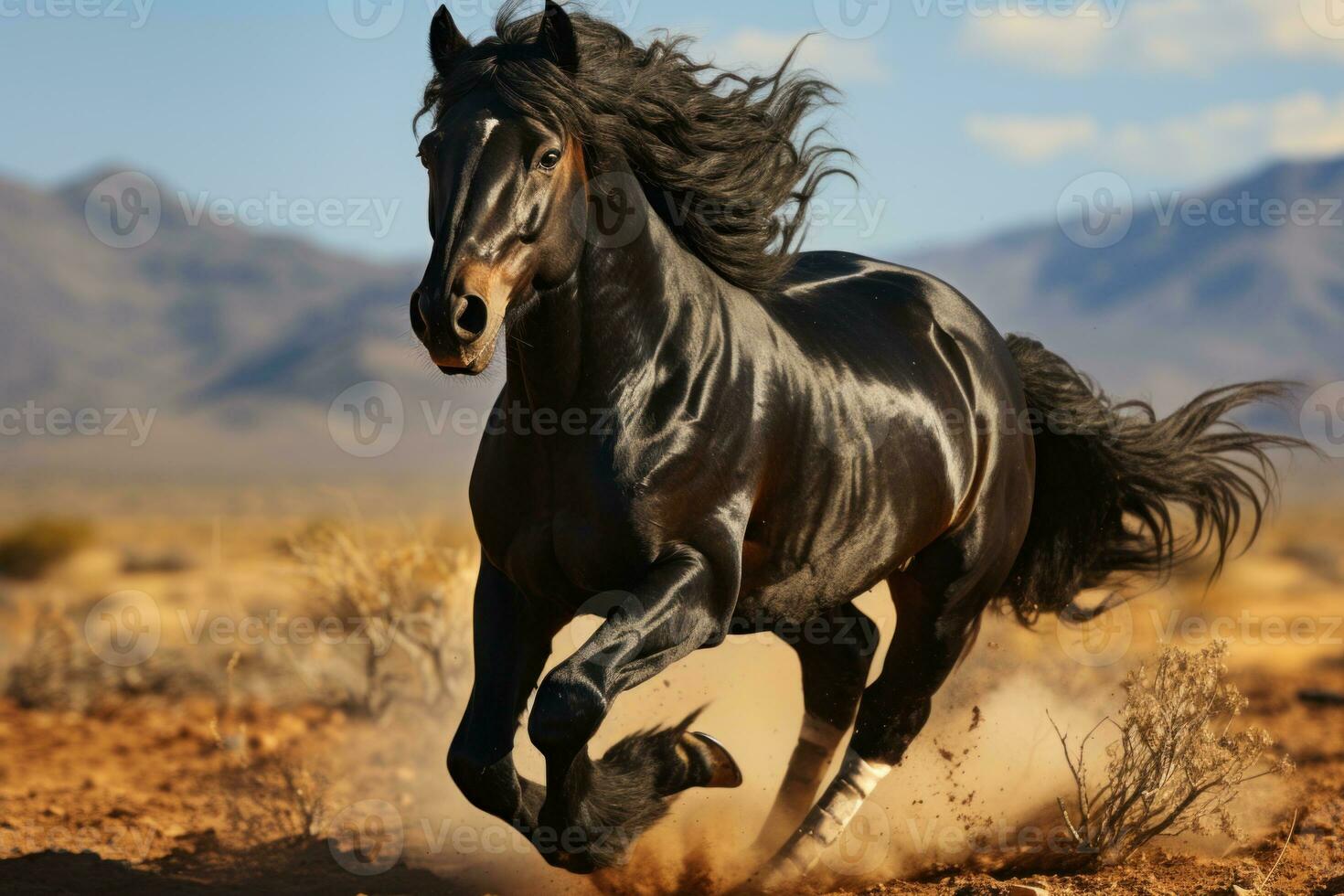negro árabe caballo semental corriendo en el desierto. ai generativo foto