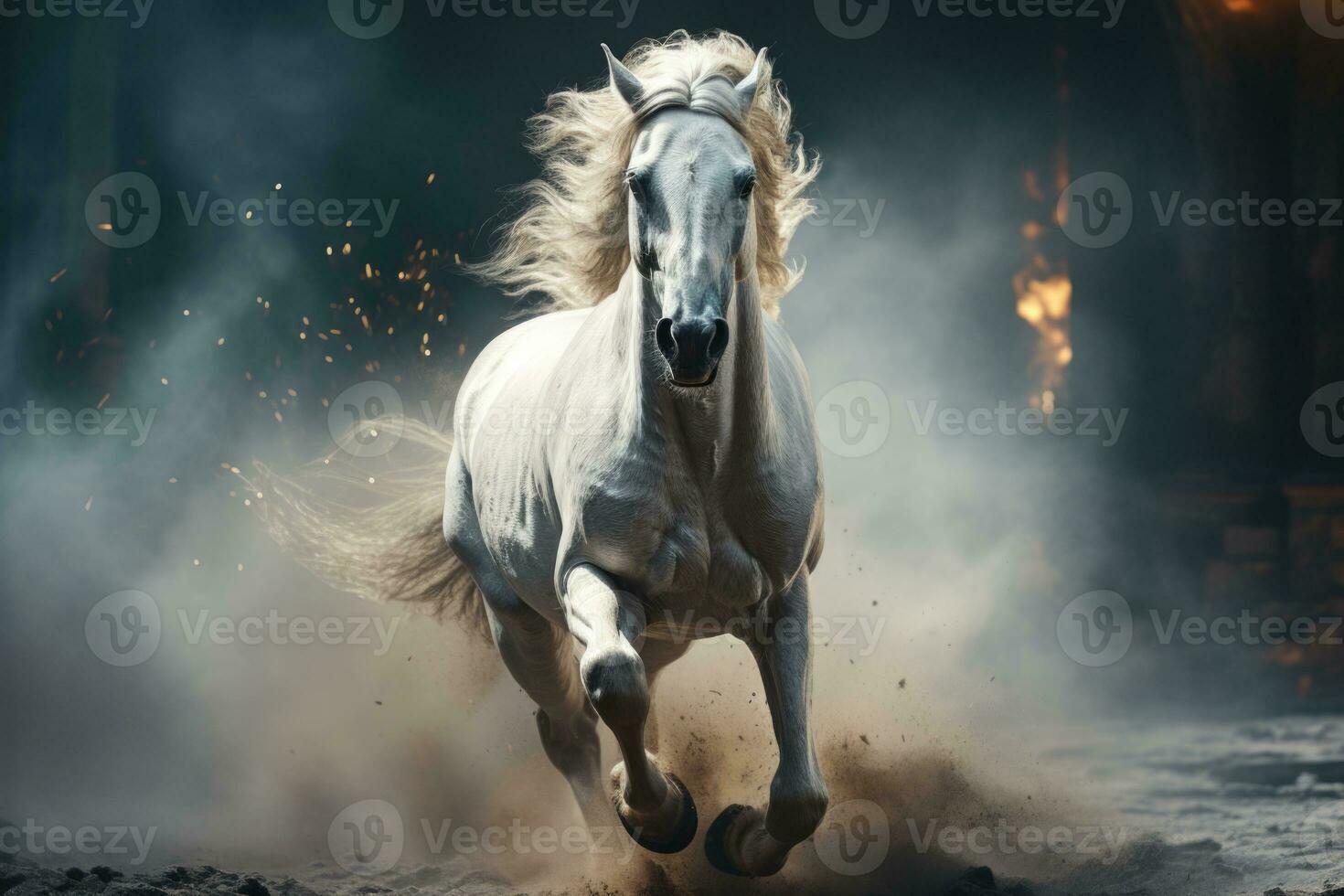 White Arabian horse galloping in dust and smoke on dark forest, side view. AI Generative photo