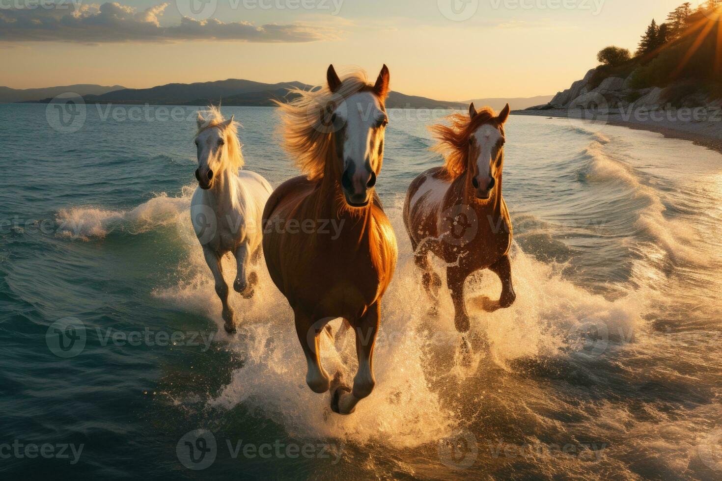 Beautiful horses running on the beach at sunset. Horses in the sea. AI Generative photo