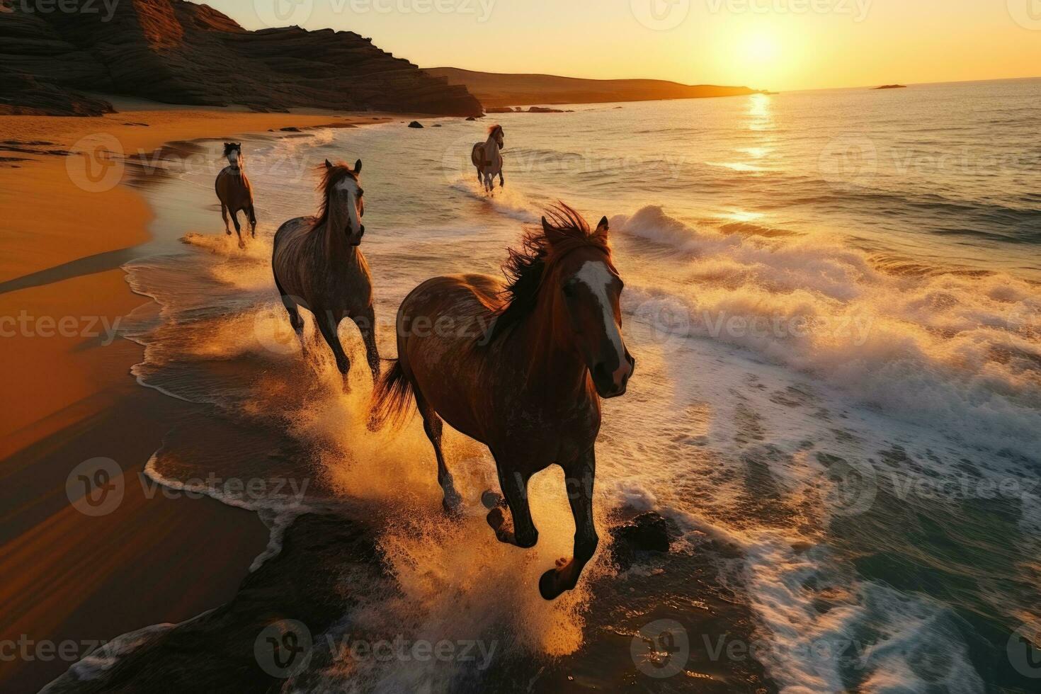 Beautiful horses running on the beach at sunset. Horses in the sea. AI Generative photo