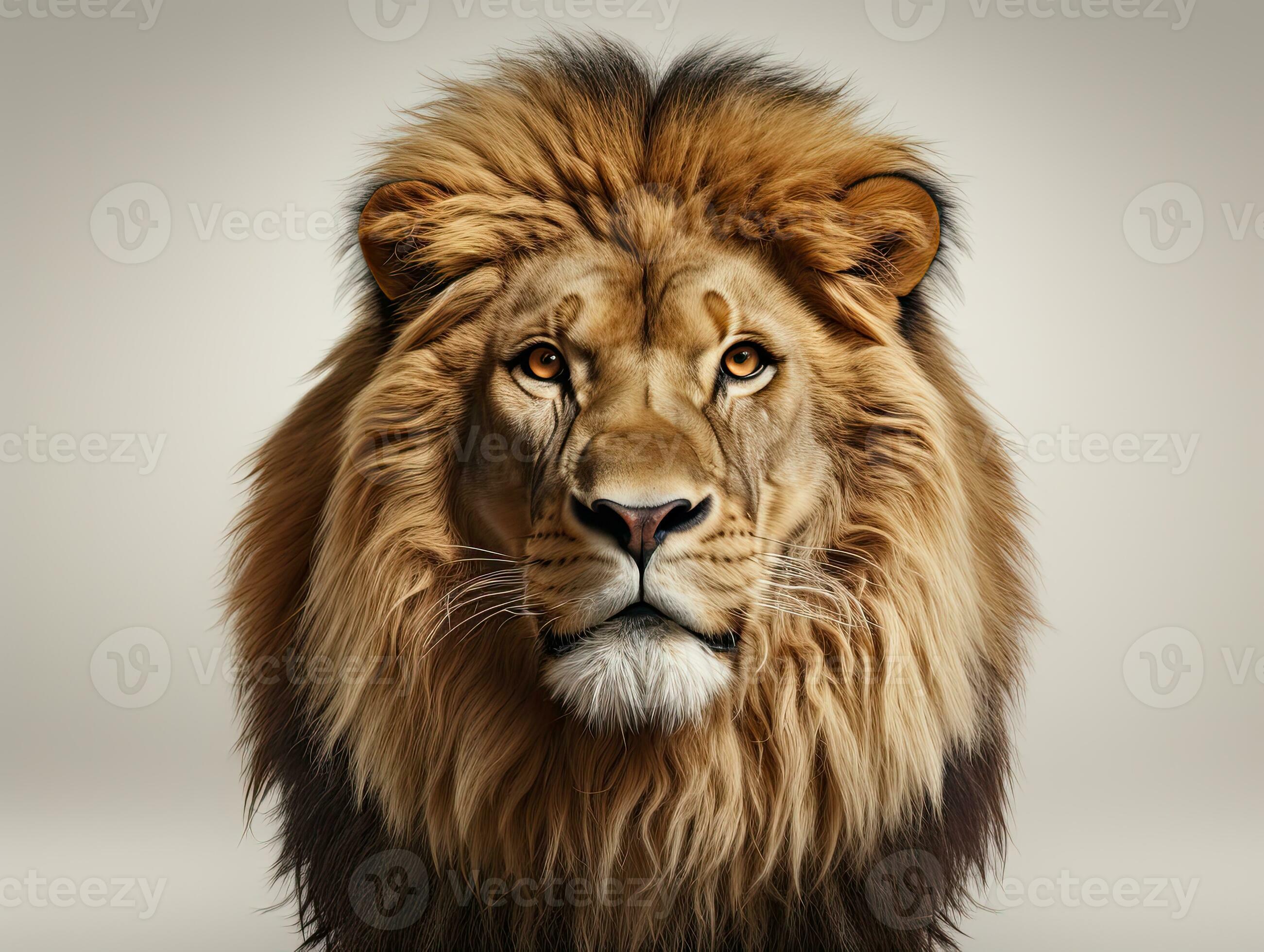 Big male lion standing on white background, front view. Side view. AI