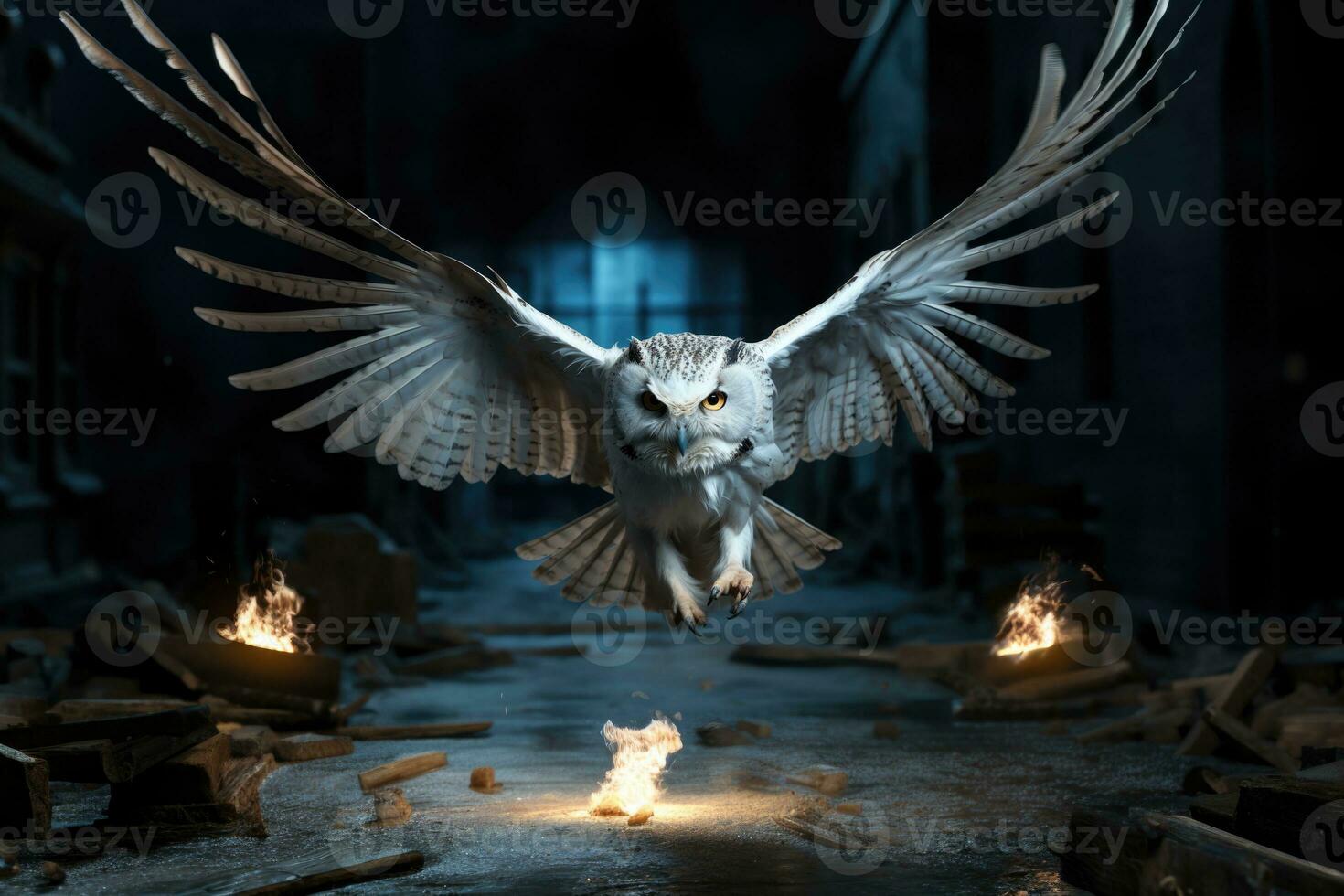Great Horned Owl Bubo virginianus flying in forest. AI Generative photo