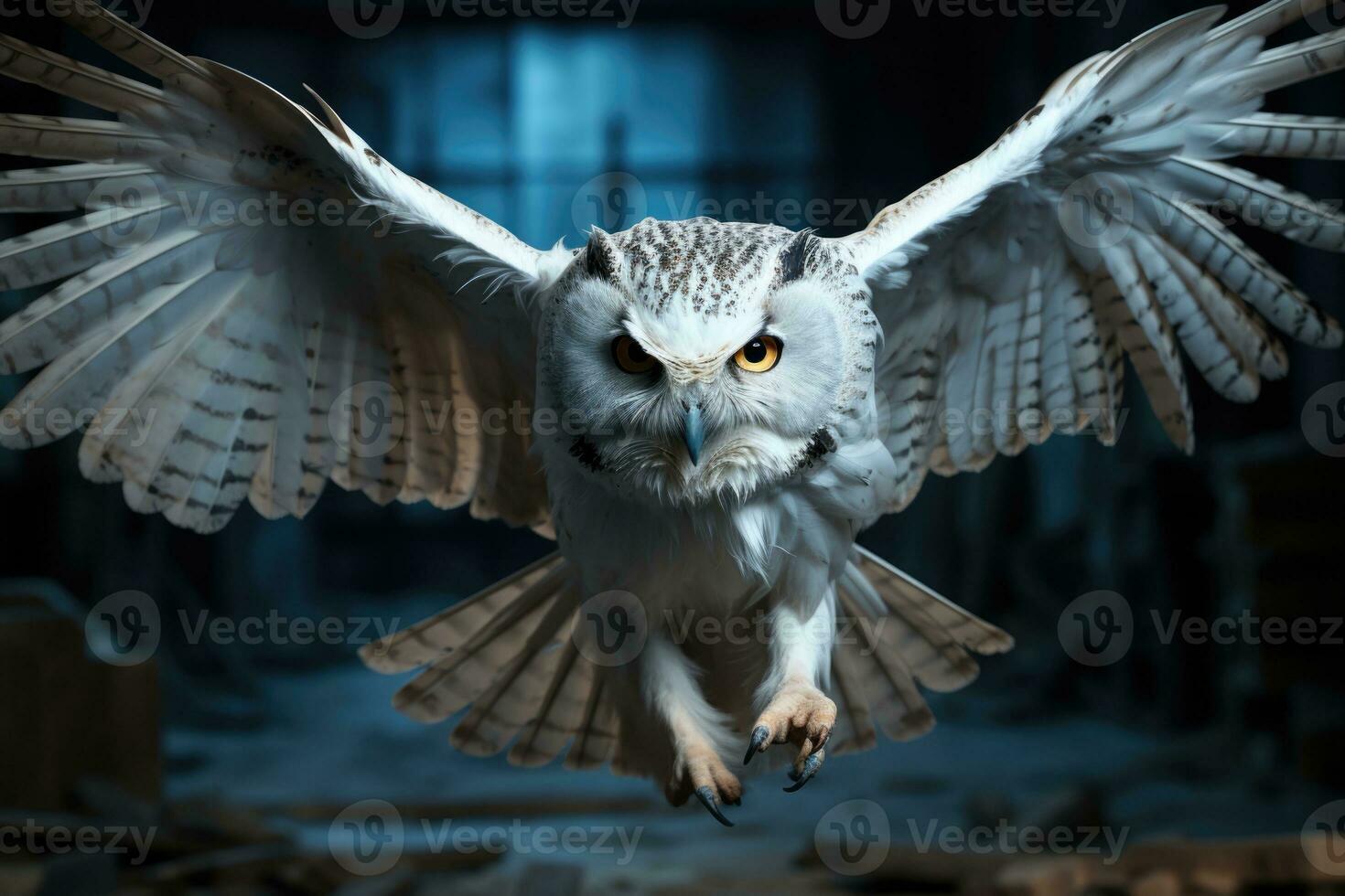Great Horned Owl Bubo virginianus flying in forest. AI Generative photo