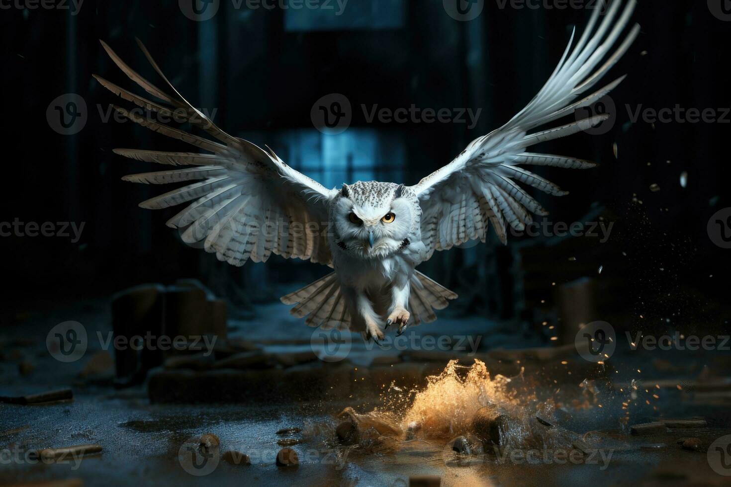 Great Horned Owl Bubo virginianus flying in forest. AI Generative photo