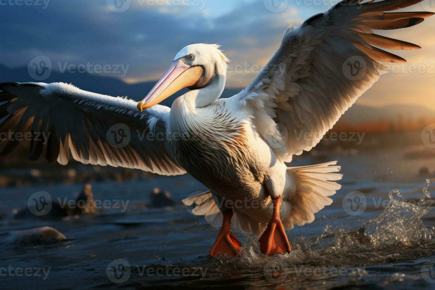 Pelican flying over the sea with splashes of water. AI Generative photo