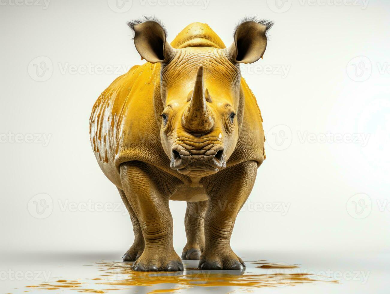 White rhinoceros standing on sand and looking at camera. AI Generative photo