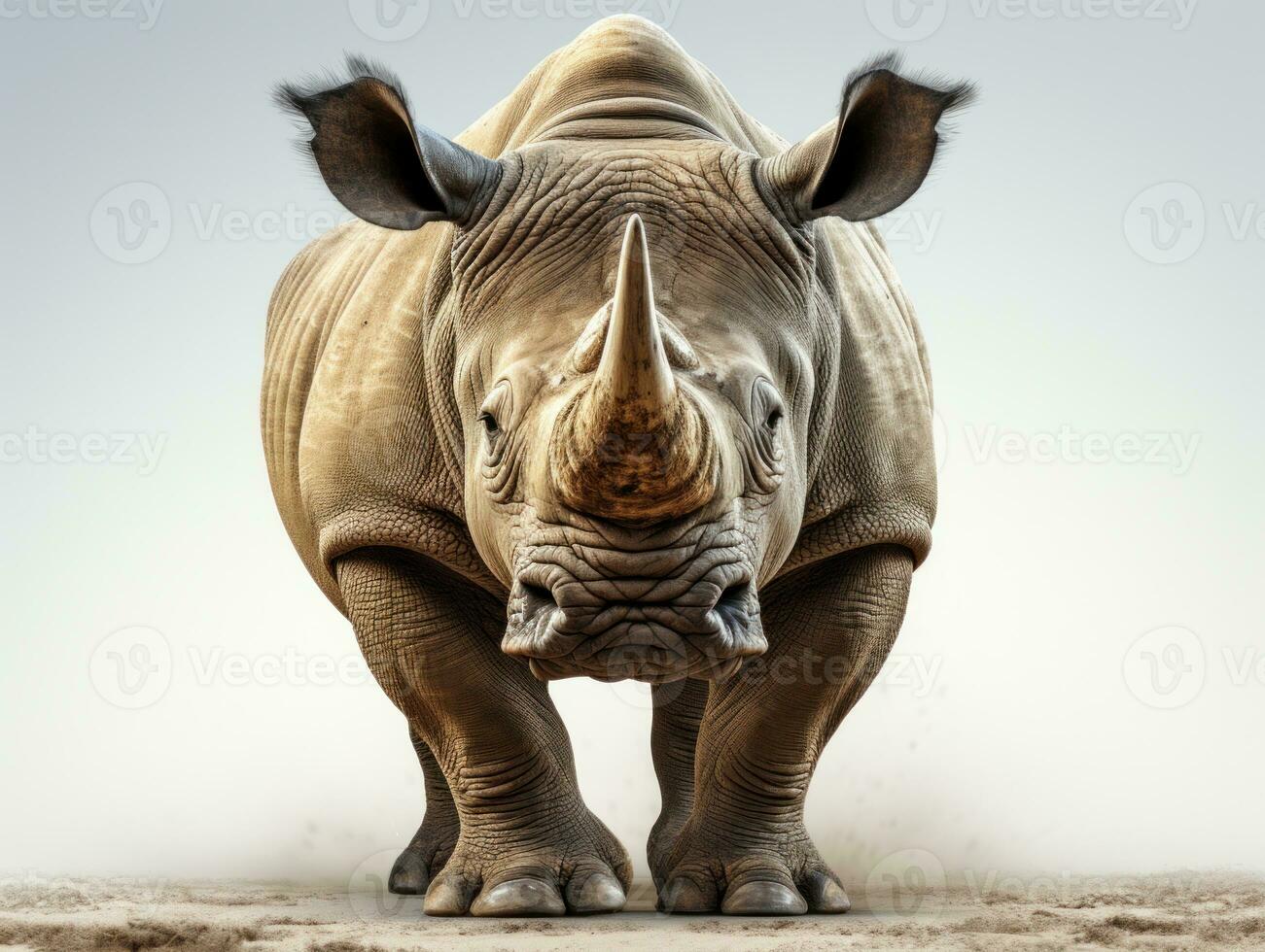 White rhinoceros standing on sand and looking at camera. AI Generative photo