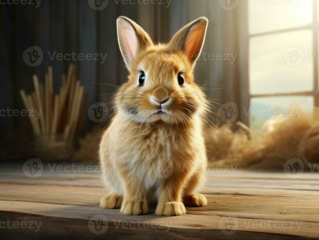 Cute little rabbit on wooden table near window. Easter holiday concept. AI Generative photo