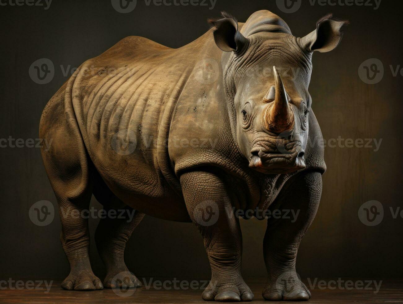 White rhinoceros standing on sand and looking at camera. AI Generative photo
