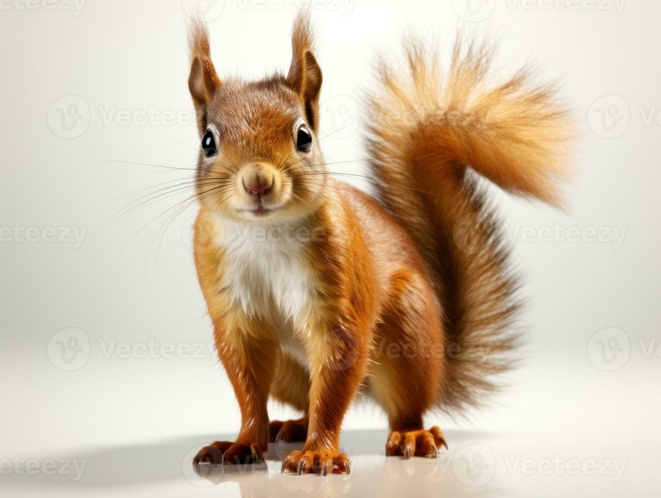 Squirrel sitting on a log and looking at the camera, 3d render. Eurasian red squirrel isolated on white background. Studio shot. AI Generative photo