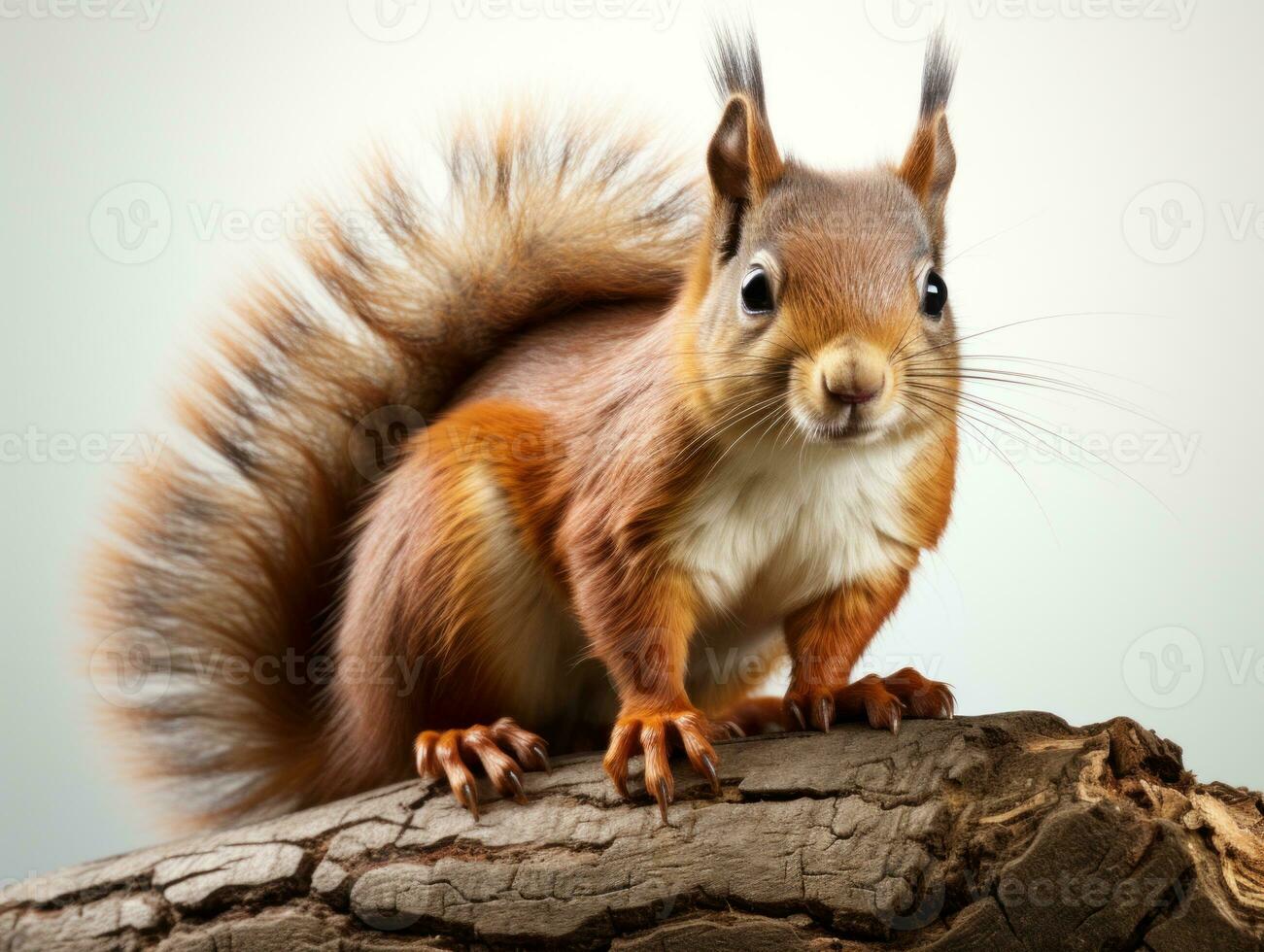 Squirrel sitting on a log and looking at the camera, 3d render. Eurasian red squirrel isolated on white background. Studio shot. AI Generative photo