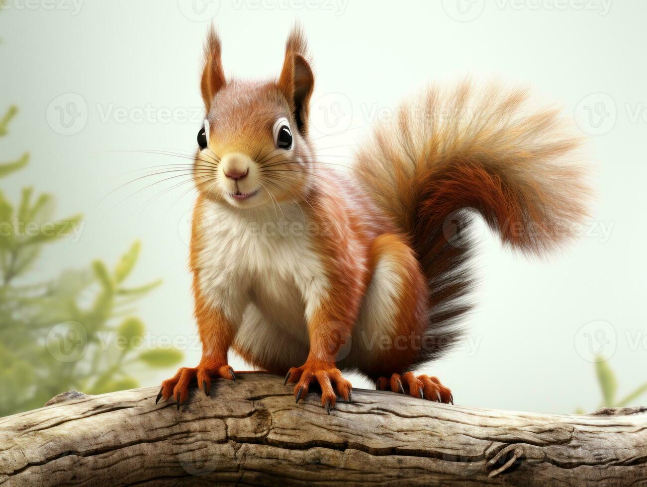 Squirrel sitting on a log and looking at the camera, 3d render. Eurasian red squirrel isolated on white background. Studio shot. AI Generative photo