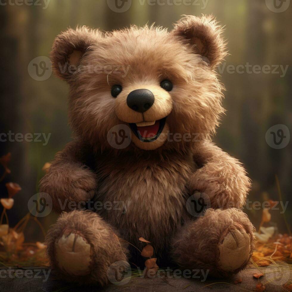 Teddy bear sitting in autumn forest with fallen leaves, 3d illustration AI Generative photo