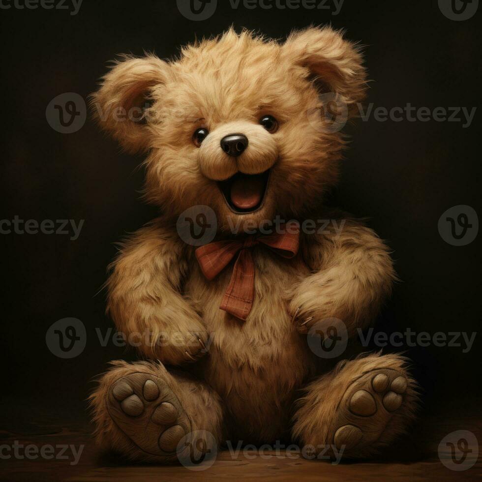 Teddy bear sitting on a dark background with a bow tie. AI Generative photo