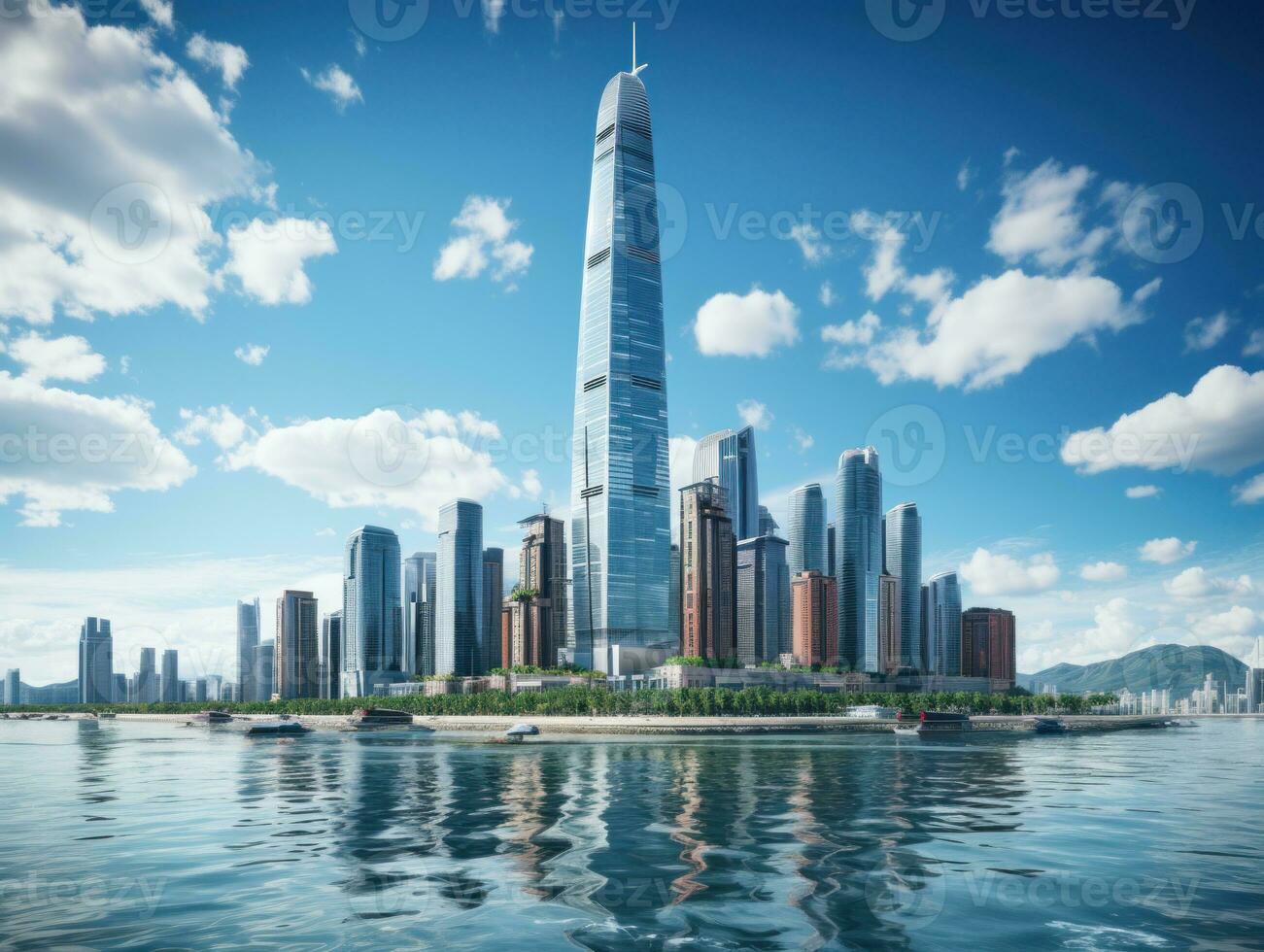 Modern office building with reflection in the water,. Modern skyscrapers in business district at sunset. 3d rendering. AI Generative photo
