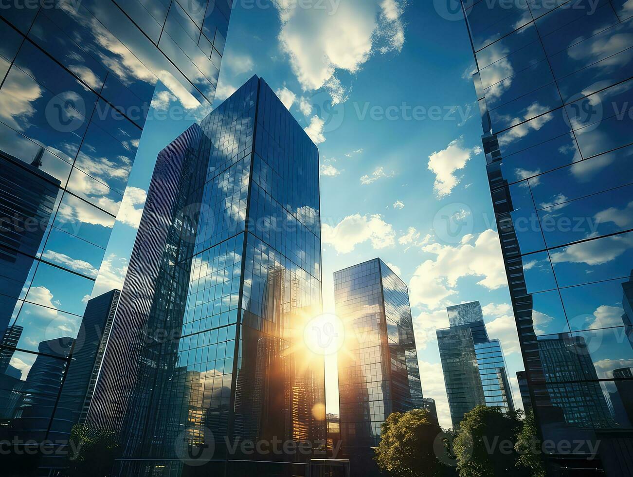 Modern office building with reflection in the water,. Modern skyscrapers in business district at sunset. 3d rendering. AI Generative photo