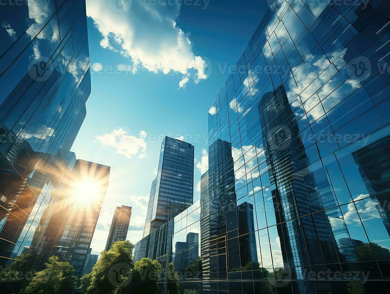Modern office building with reflection in the water,. Modern skyscrapers in business district at sunset. 3d rendering. AI Generative photo