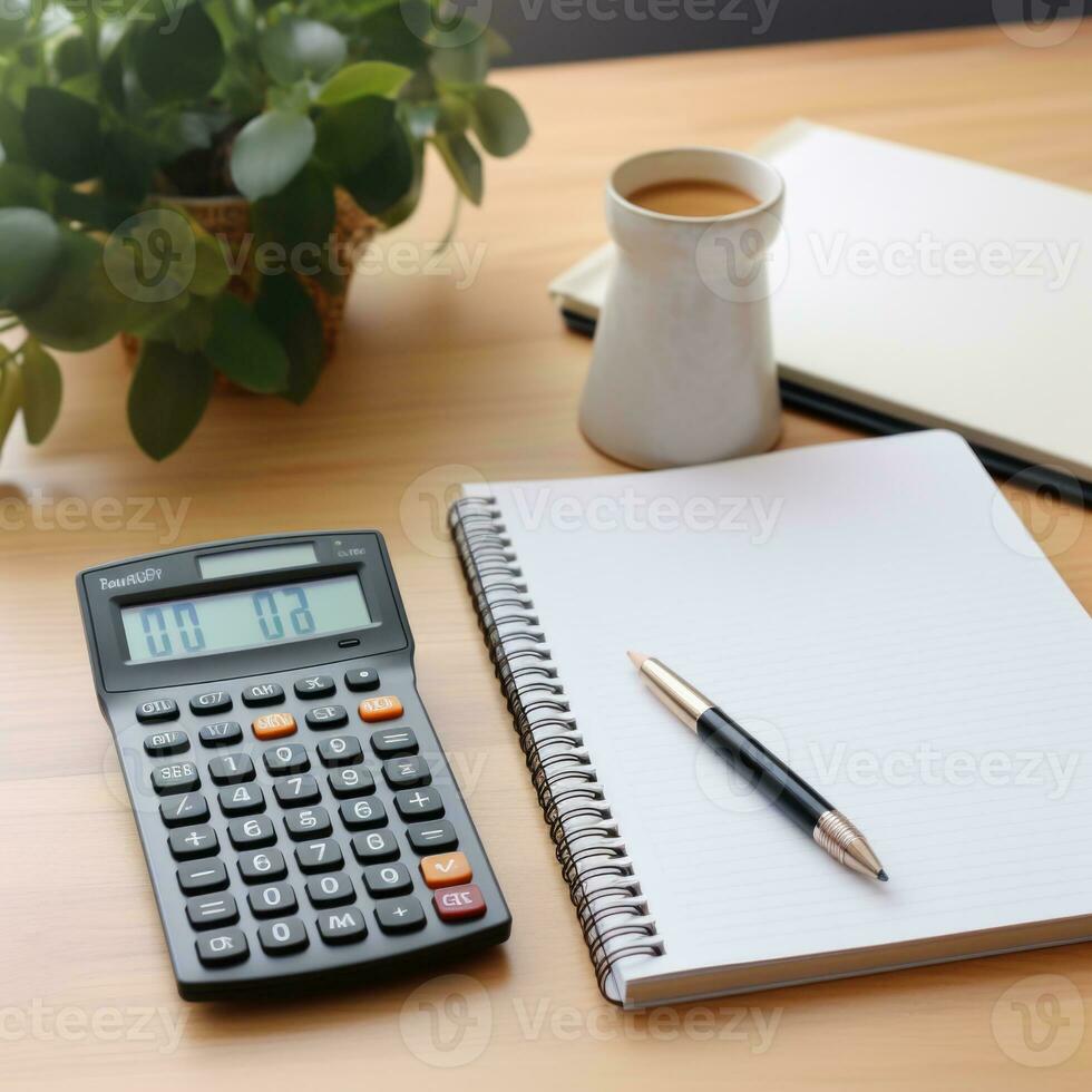 Calculator and notebook on table in office. 3d rendering. business concept. AI Generative photo