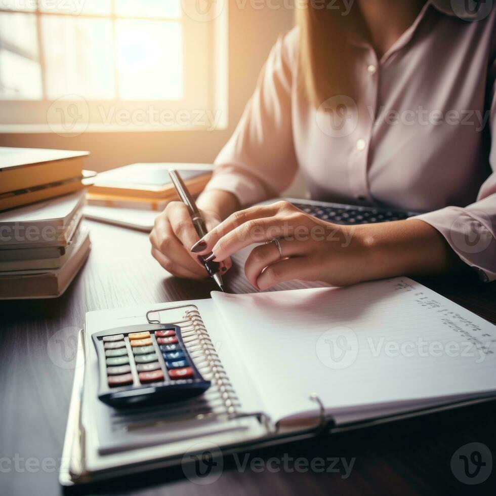 Calculator and notebook on table in office. 3d rendering. business concept. AI Generative photo