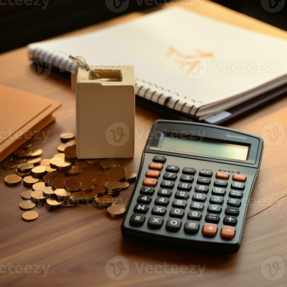 Calculator and notebook on table in office. 3d rendering. business concept. AI Generative photo