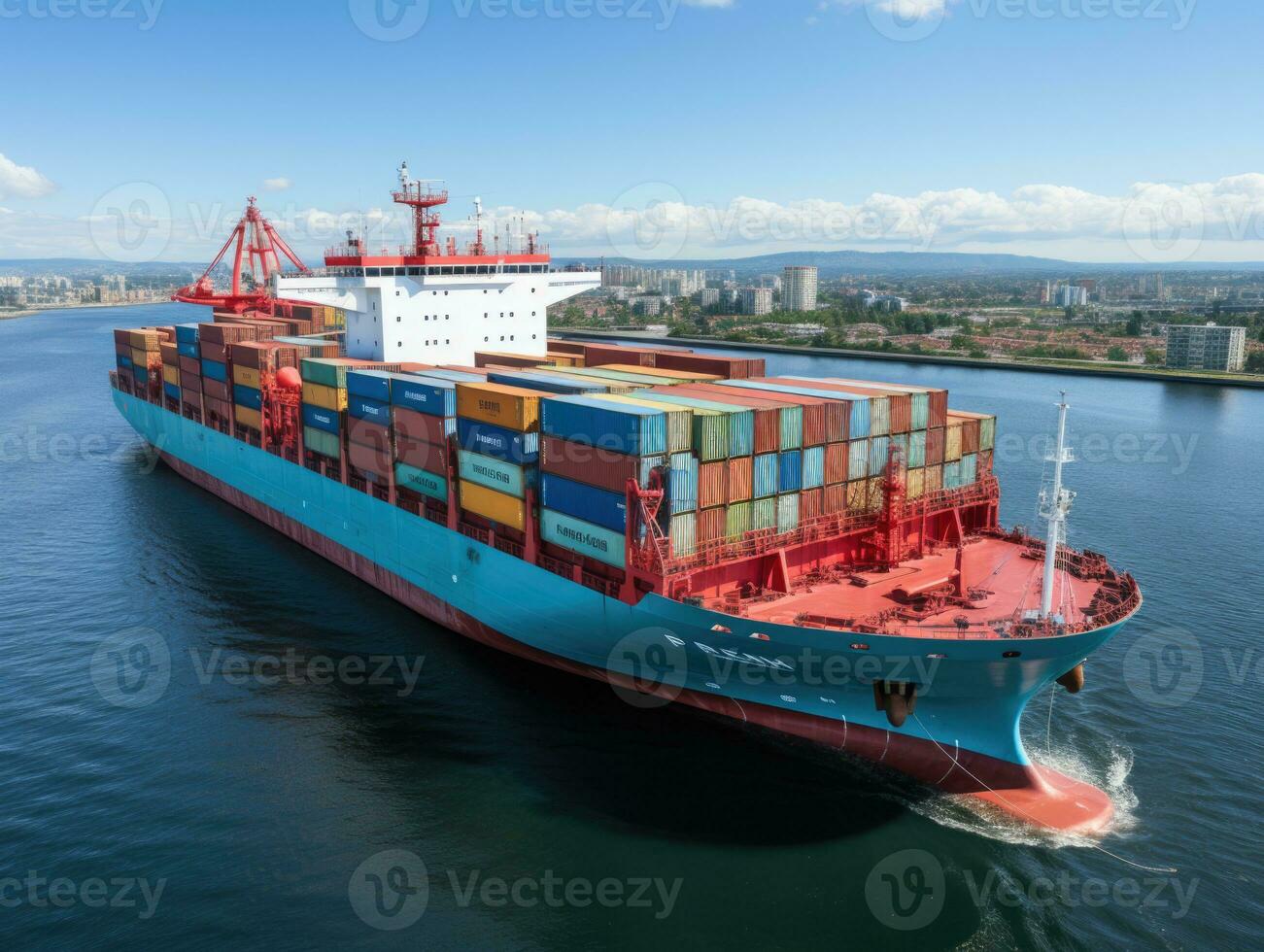 Aerial view of Container Cargo ship with working crane bridge in port. AI Generative photo