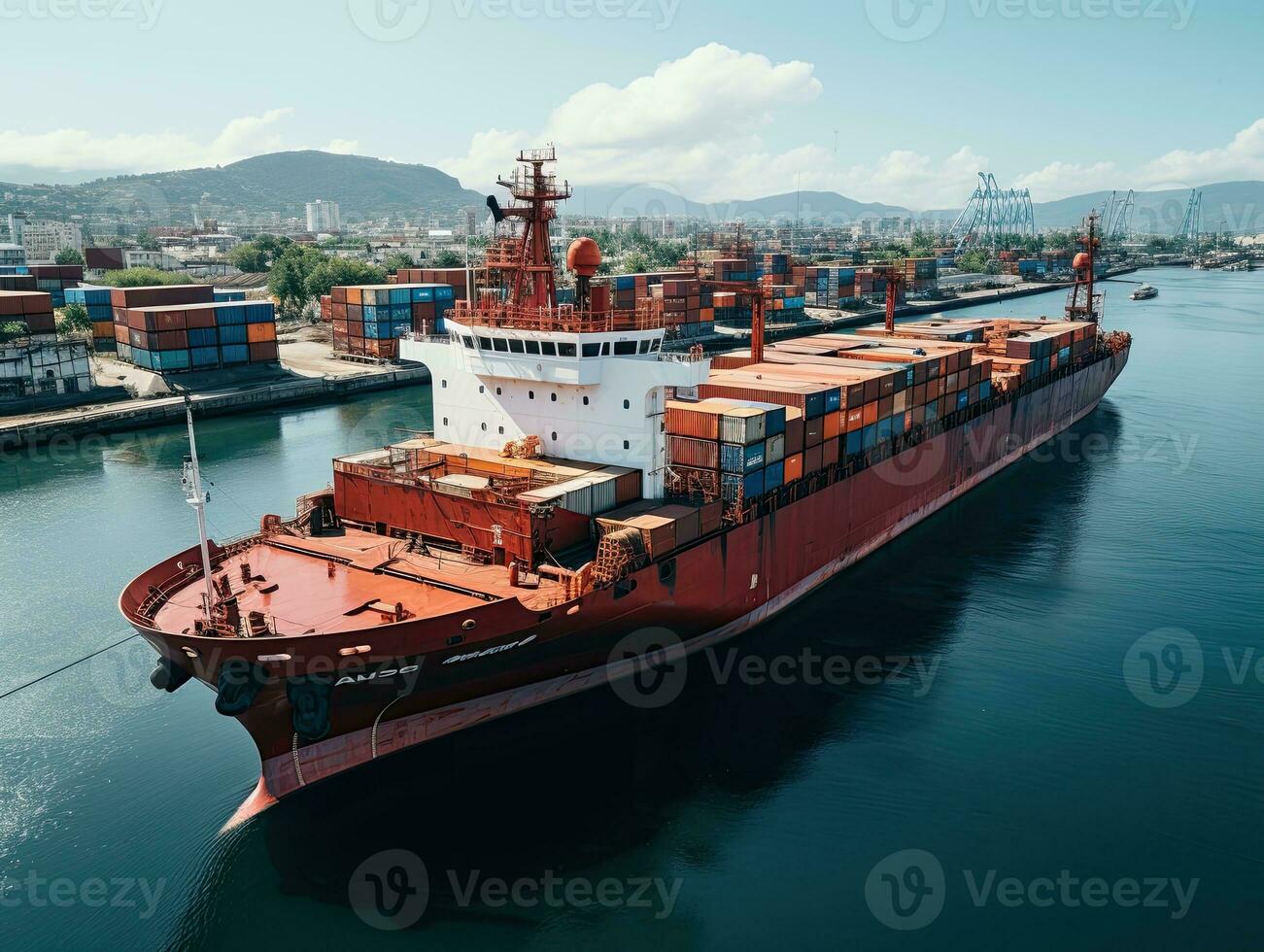 Aerial view of Container Cargo ship with working crane bridge in port. AI Generative photo
