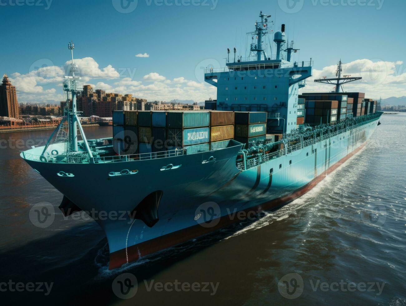 Aerial view of Container Cargo ship with working crane bridge in port. AI Generative photo
