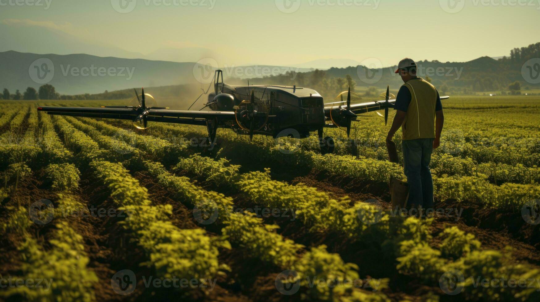 Farmer spraying pesticides on a field of lettuce with a harvester AI Generative photo