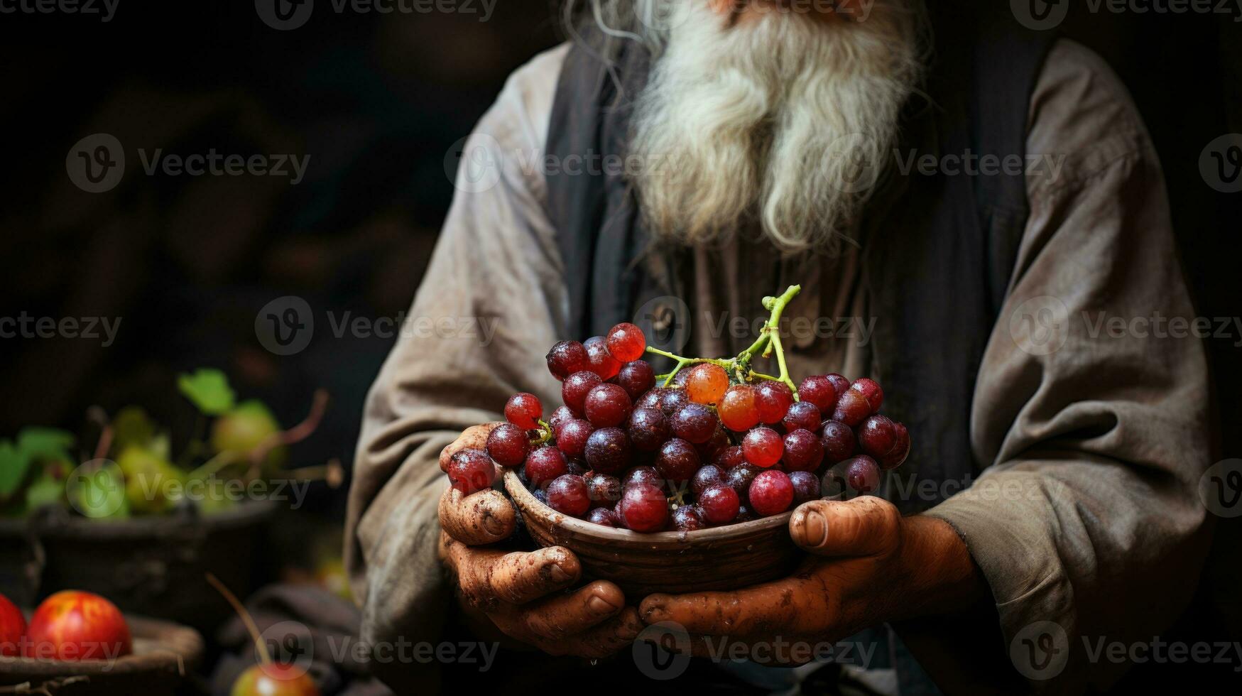 Old man with long gray beard, mustache and moustache sitting on wooden table with bunch of grapes in vineyard at sunset. AI Generative photo