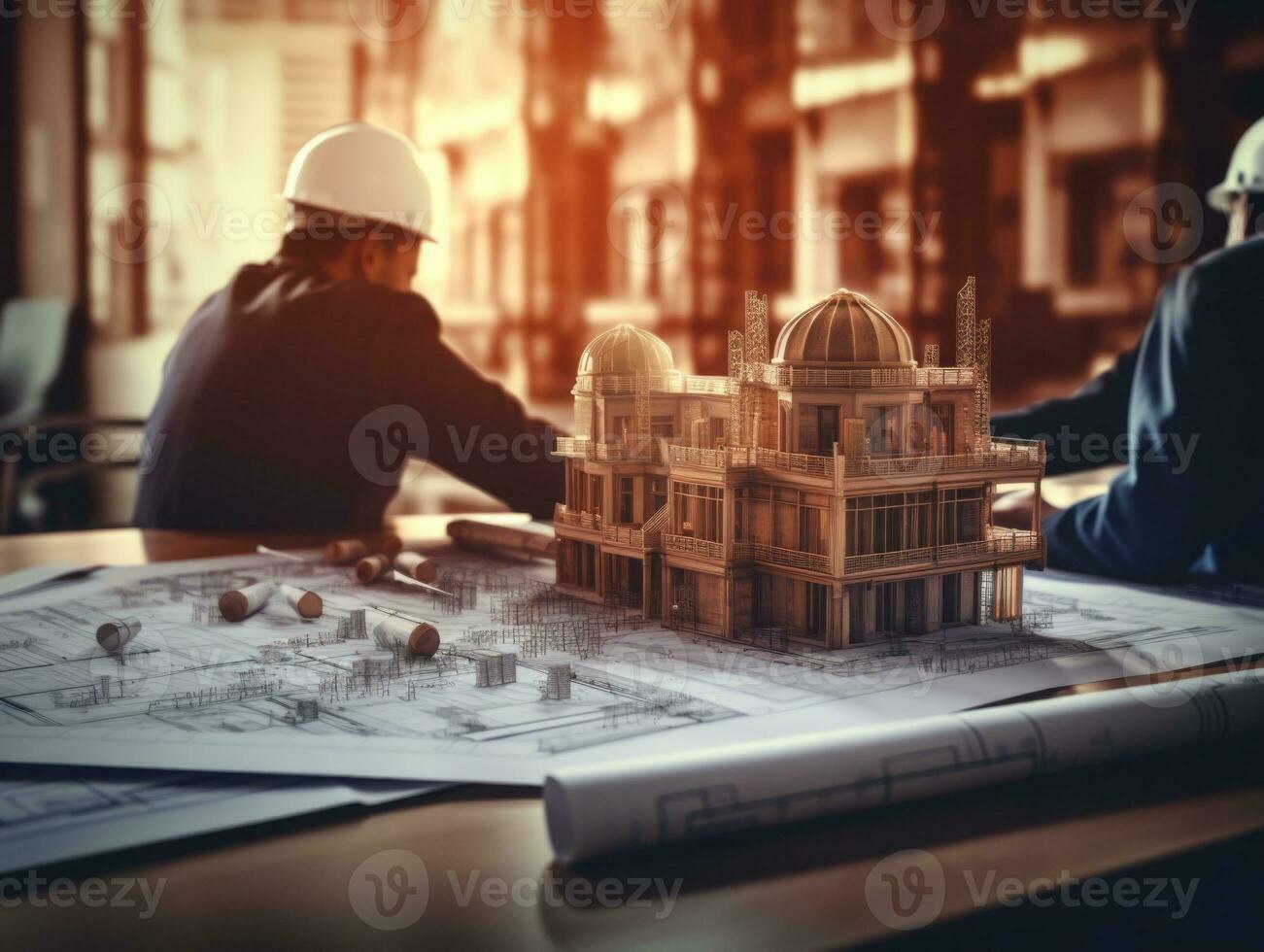 Architect working on blueprint at office desk with building model. Construction concept. AI Generative photo