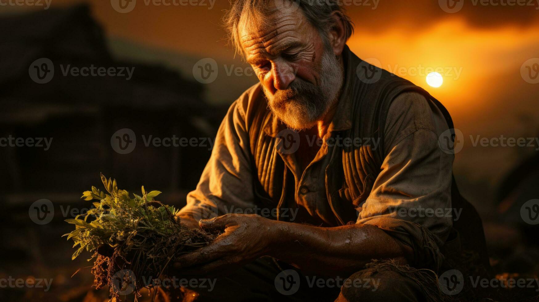 Portrait of an old farmer working in the field at sunset. A man with a basket of green tea in his hands at sunset. AI Generative photo