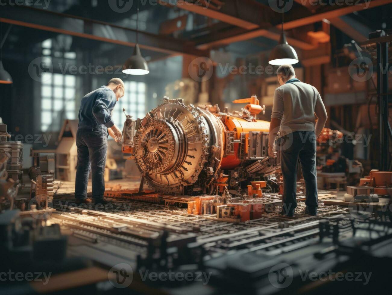 Architect working on blueprint at office desk with building model. Construction concept. AI Generative photo