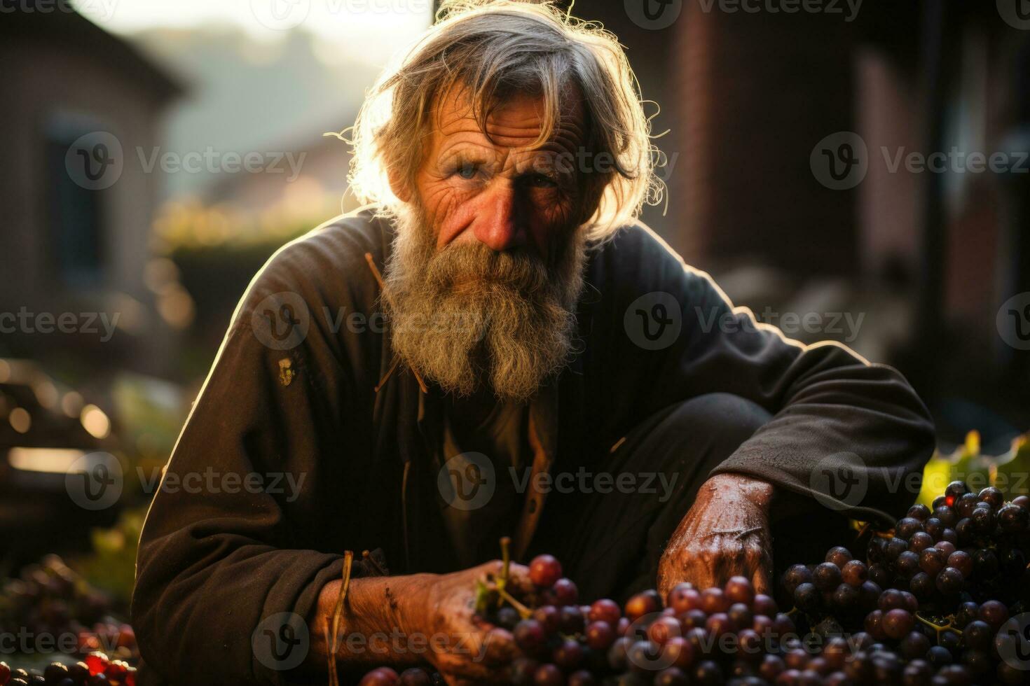 Old man with long gray beard, mustache and moustache sitting on wooden table with bunch of grapes in vineyard at sunset. AI Generative photo