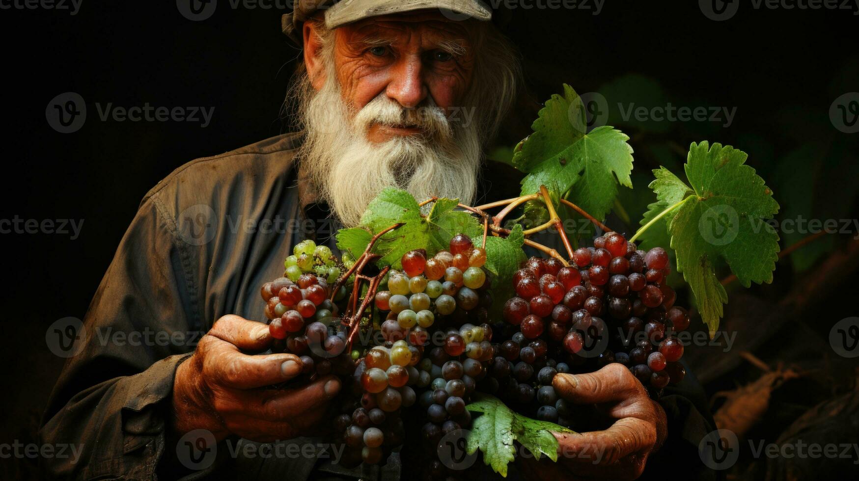 Old man with long gray beard, mustache and moustache sitting on wooden table with bunch of grapes in vineyard at sunset. AI Generative photo