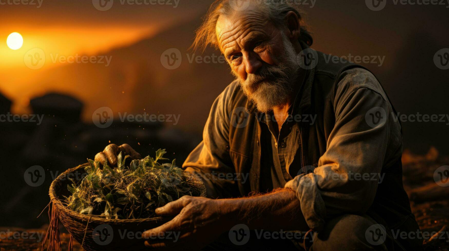 Portrait of an old farmer working in the field at sunset. A man with a basket of green tea in his hands at sunset. AI Generative photo