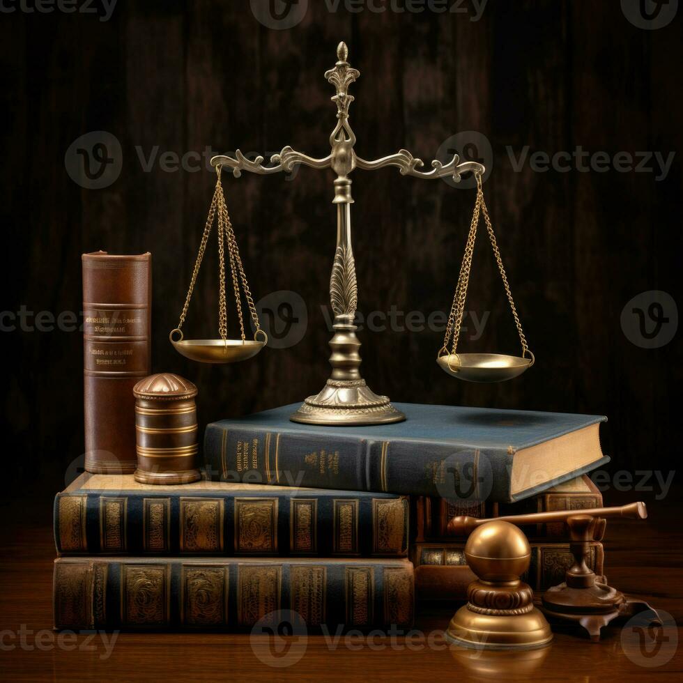 Law theme, mallet of judge, wooden gavel and books. AI Generative photo