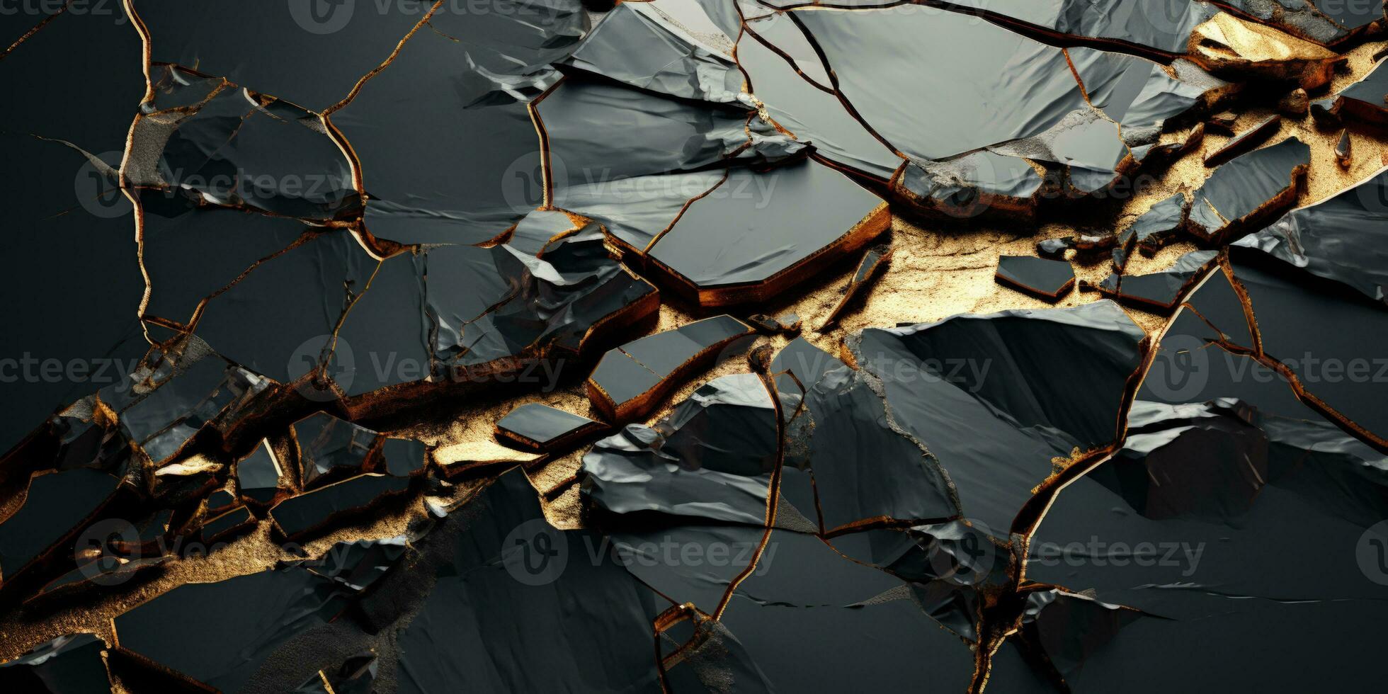Black marble background with gold veins. 3d rendering, 3d illustration. Magnificent vein of gold in the big black rock. AI Generative photo