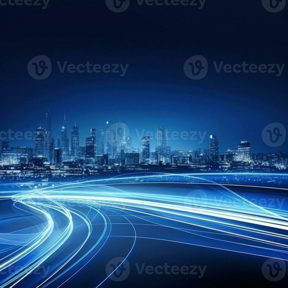 The light trails on the modern building background. Rainy city street at night with light trails and bokeh. AI Generative photo