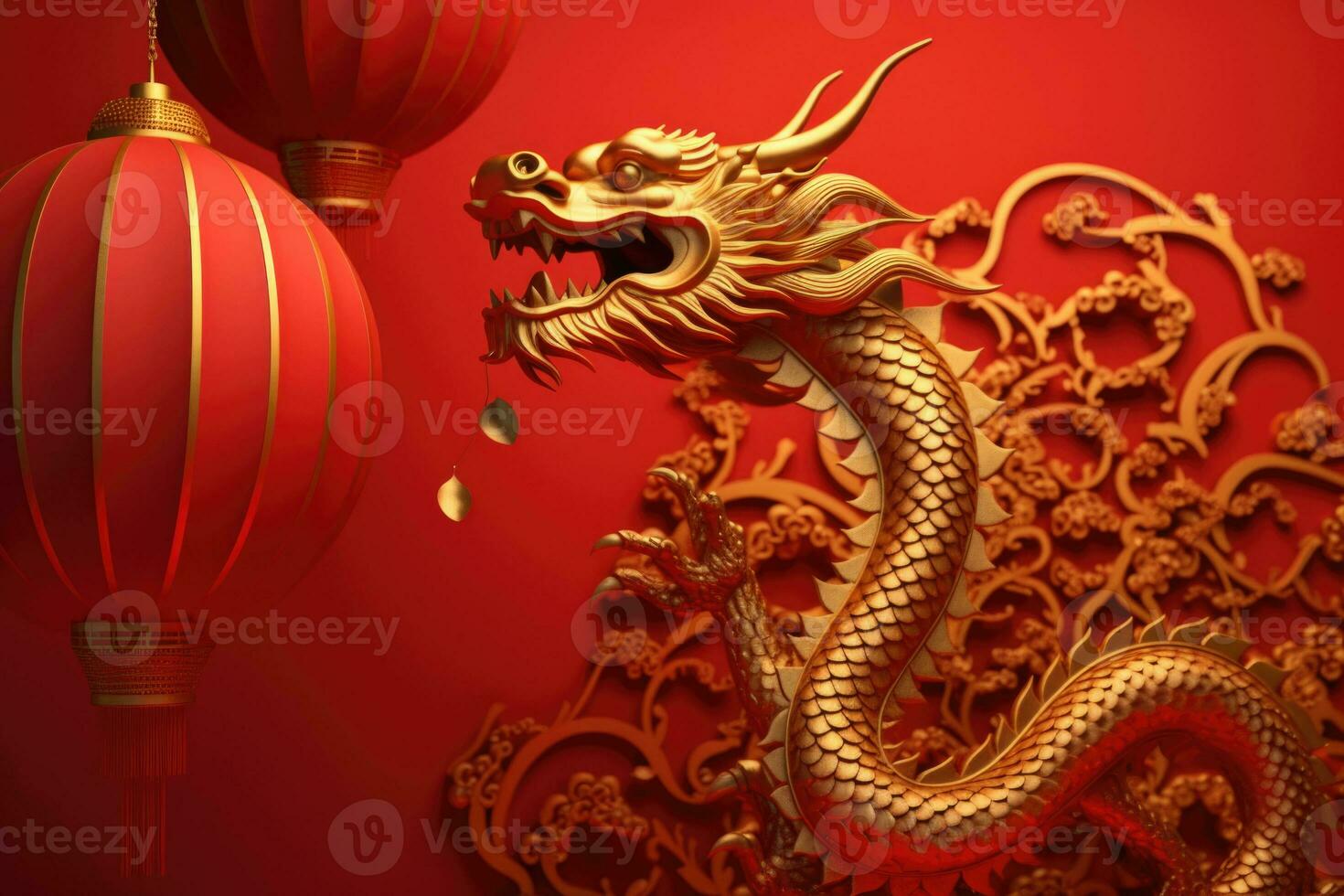 Chinese New Year background with golden dragon and red lanterns. 3D rendering. AI Generative photo
