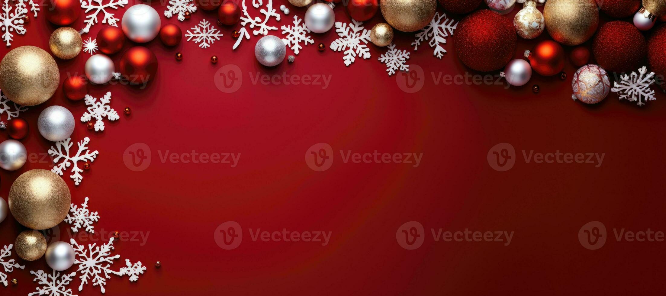 Christmas background with baubles and snowflakes on red background. copy space. AI Generative photo