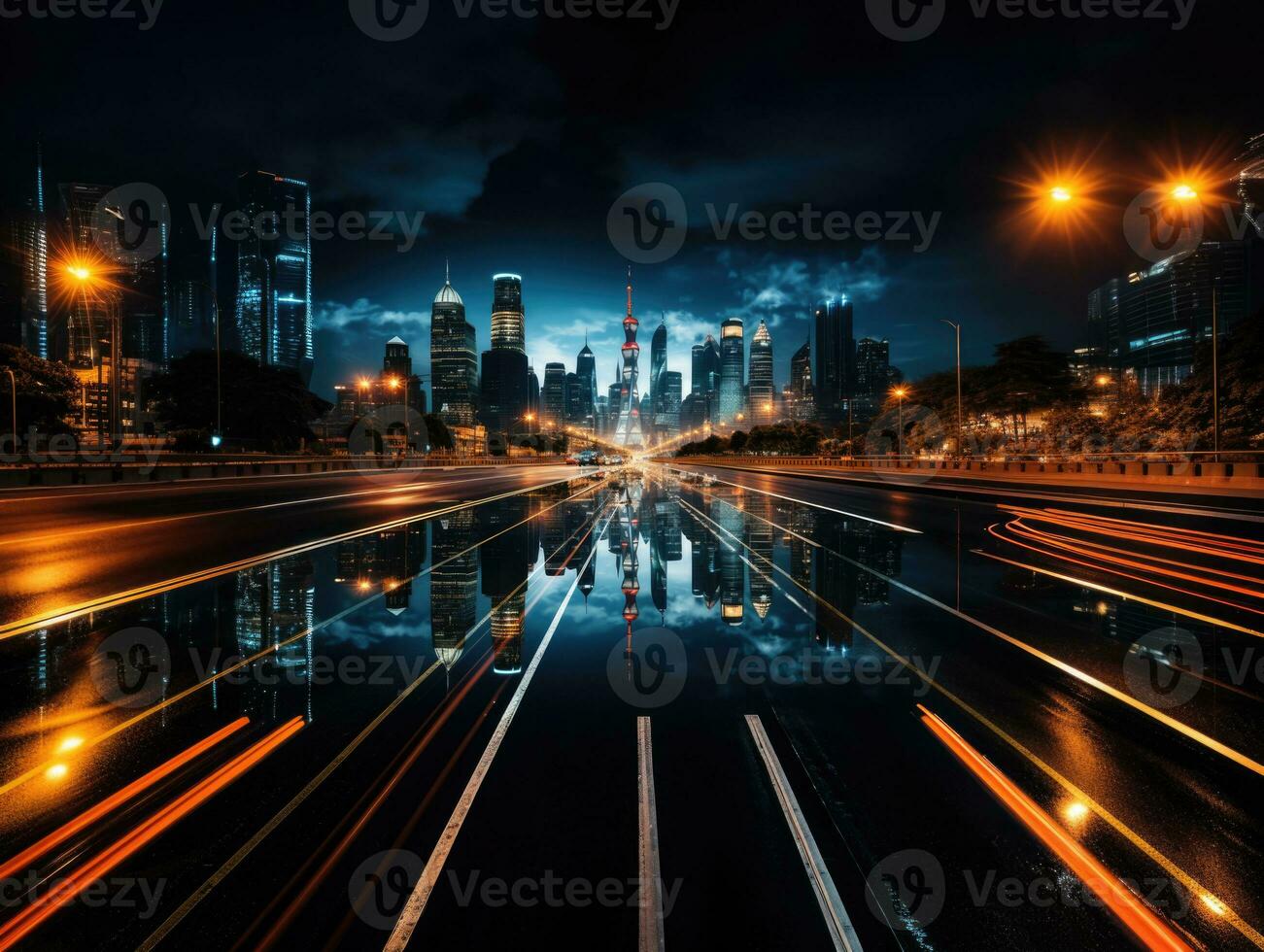 The light trails on the modern building background. Rainy city street at night with light trails and bokeh. AI Generative photo