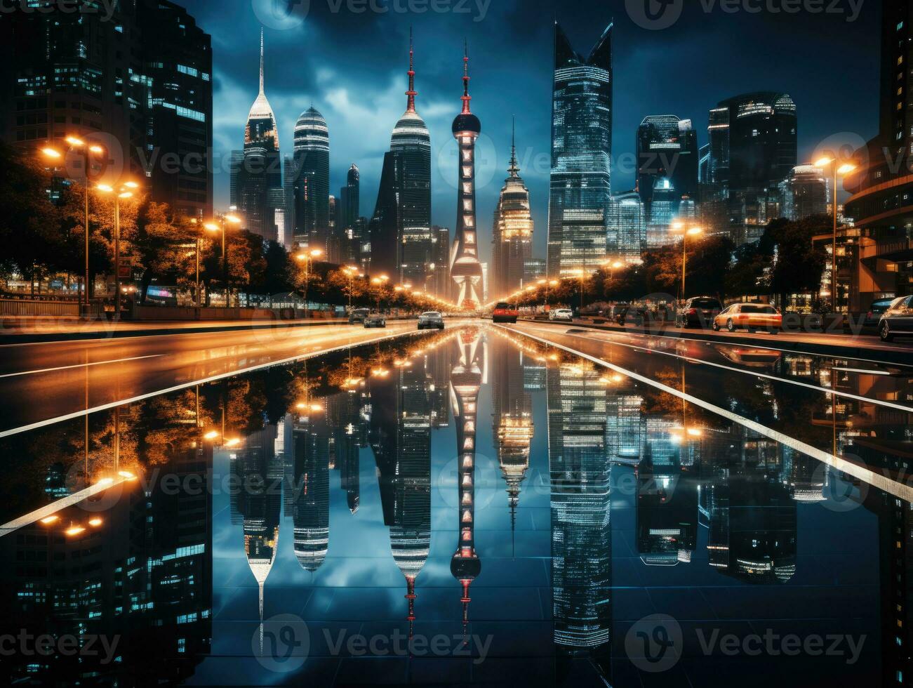 The light trails on the modern building background. Rainy city street at night with light trails and bokeh. AI Generative photo