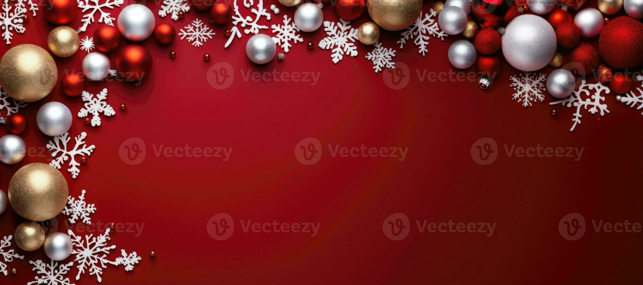 Christmas background with baubles and snowflakes on red background. copy space. AI Generative photo